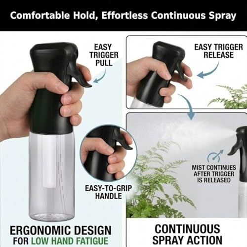 VIGOR PATH 200ml Continuous Mist Spray Bottle for Hair Plants and Skin Care | Ultra Fine Atomizer Leak Proof Ergonomic Construction 360 Refillable - size: 6.7 oz - Black/White