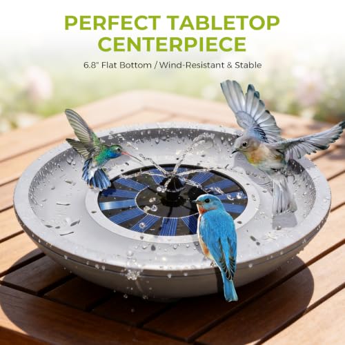 Solar Fountain Bird Bath for Outside Gray 12.5" Ground Level Bird Bath Tabletop Water Bowl with 6 Nozzles Bird Bath Bubbler for Hummingbird Wild Birds Outdoors Garden Patio Lawn Decor