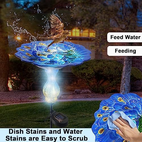 John's Studio Peacock Bird Bath for Outdoor - Glass Bowl Solar Light Bird Baths Cage Outside Dish Bird Feeder with Metal Stake for Garden, Yard and Patio - Blue 32 inches - color: Peacock Stake-Blue