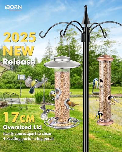 iBorn Metal Bird Feeder for Outside Hanging,Wild Bird Feeders for Cardinal,17cm Large Roof&Nickle,34.3CM Long,1.5lb Capacity 8 Ports (Seed is not Included) - color: nickle