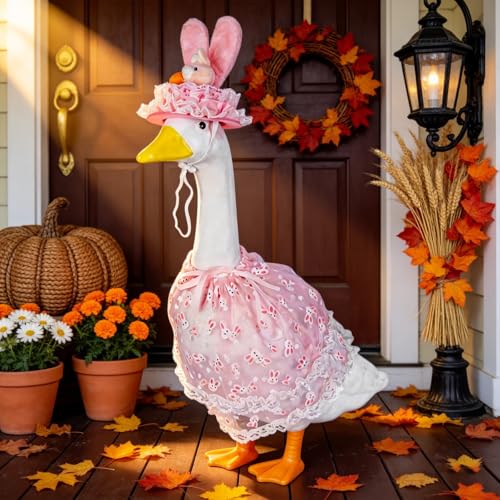 Summer Porch Goose Outfits – 23” Pink Dress Goose Statue Porch Goose Outfit | Cute Costume for Outdoor Garden Lawn Yard Decor - color: Pink Dress