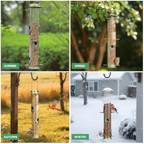 2PK Metal Bird Feeders with 6 Feeding Ports,Tube Bird Feeder with Steel Hanger,Hard Plastic Wild Bird Feeder for Outdoors Hanging, Attracting Birds in Your Lawn, Garden, Balcony (Bronze) - color: Bronze 2 PACK