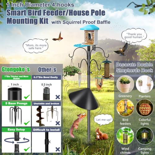 Gtongoko Smart Bird Feeder Pole Squirrel Proof 1-Inch Dia 94 Inch with 4 Shepherds Hooks Hanging Bluebird House Pole for Outdoors Squirrel Baffles for Feeders Metal Heavy Duty Mounting Kit - color: 94 Inch with Baffle