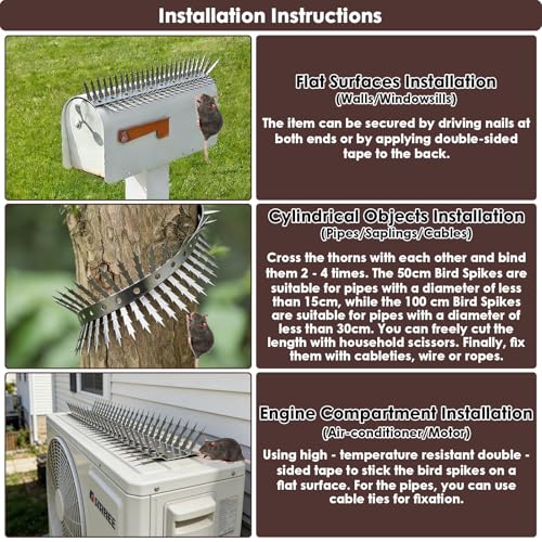 Bird spikes deterrent for outside Stainless Steel 360°Bend 100cm with Accessories, Anti Climb Spikes to Keep Birds- Pigeon-Racoon-Squirrel-Cat Away from porch baffle feeder yard patio garden Fence