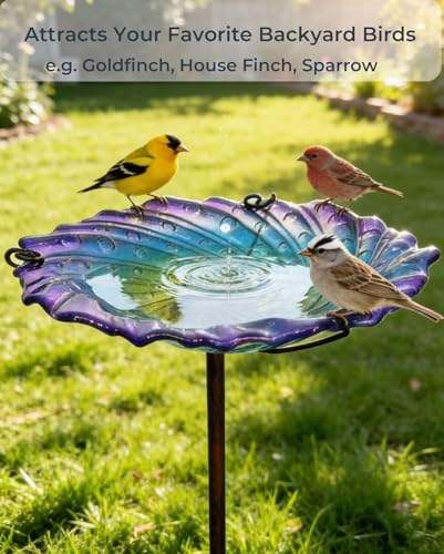 Blue Glass Bird Bath, 10.5" Shallow Birdbath with 3-Prong Stake | Decorative Birdbath Bowl & Wild Bird Feeder for Garden, Patio, Backyard Decor