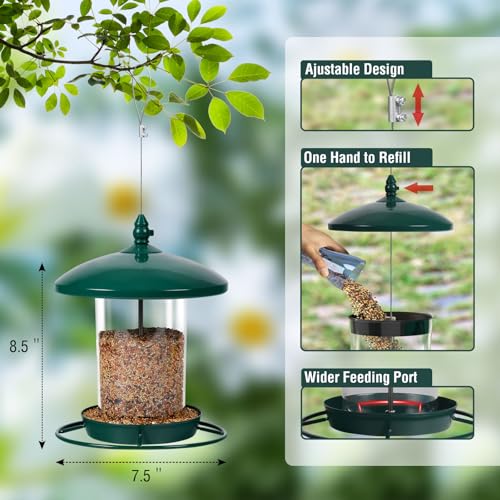 Metal Bird Feeder for Outdoors Hanging,3.0LB Seed Feeder,Easy to Fill & Clean,360° Feeding,Chew Proof Weatherproof Roof for Gardens and Wild Birds,Green - color: Green