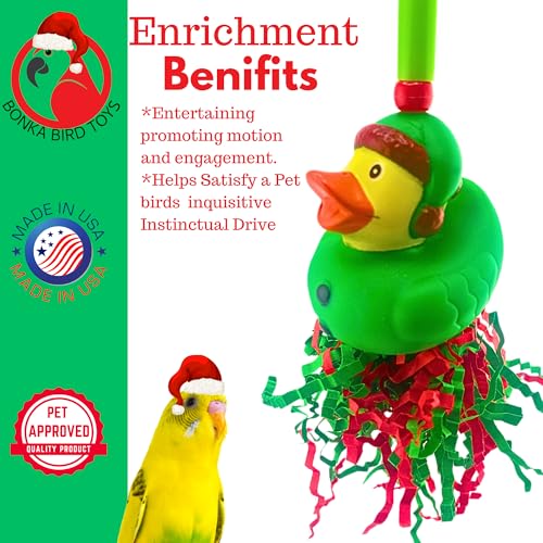 Bonka Bird Toys 2726 Christmas Elf Duck 7" x 4" Crinkle Paper and Vine Holiday Foraging Toy for Small to Medium Birds Cage Hanging Lovebirds, Conures, Parakeets, and Similar