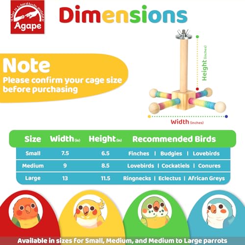 Agape 360° Rotating Bird Perch Stand, Wooden Parrot Exercise Toy | Bird Cage Accessory for Small-Medium Birds: Parakeets, Cockatiels, Lovebirds, Conures, Finches, Budgies, Parrotlets, Quakers - size: Small