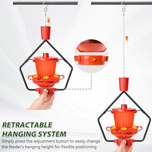 Retractable Hummingbird Feeder – 6 Feeding Ports, Leak-Proof, Ant & Bee Proof, Easy Top-Fill & Easy to Clean, Durable ASA Plastic, 18.5 oz Capacity, Adjustable Hanging System with 44" Extension(Red) - color: Red,1 Pack