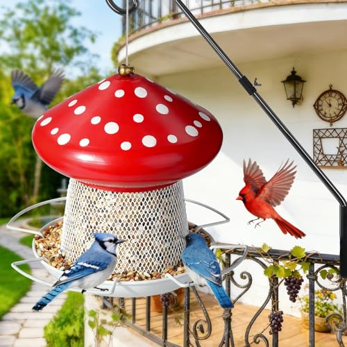 Bird Feeder, Heavy Duty Metal Bird Feeders for Outdoor Hanging | Wild Birdfeeder, 3LB Capacity, 4 Perches, Sturdy, Cute Mushroom Shape, For Outside Garden Yard - color: Red