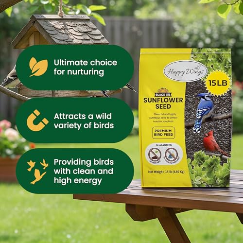 Happy Wings 15 LB Black Oil Sunflower Seeds Bird Food, No Waste Bird Seed - size: 15 Pound (Pack of 1)