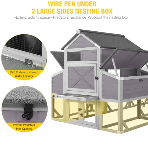 Aivituvin Chicken Coop Extra Large Chicken House with Run for 4-6 Chickens Outdoor Wooden Hen House Poultry Cage with 6 Nesting Boxes, 6 Perches, 118" L (Grey, AIR46M) - size: 118.1"L x 56.7"W x 49.5"H