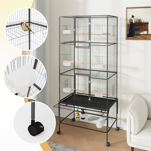 69 Inch Tall Parrot Cages for Large Birds, Three-Level Rolling Parakeet Cage with Storage Shelf Perches Feed Bowls, Bird Flight Cage, Large Bird Cages for Parrots Macaws Conures Cockatiels Parakeets