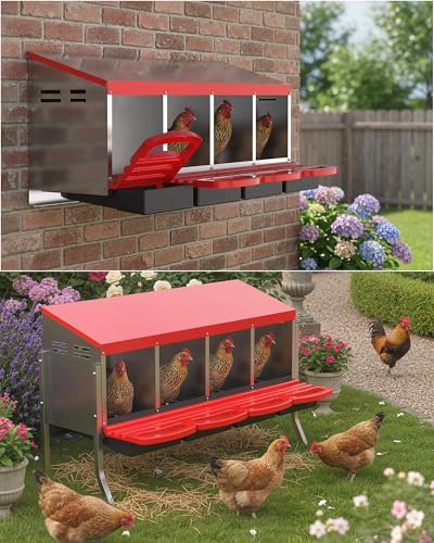 GarveeLife Chicken Nesting Box 4 Hole, Galvanized Steel Nest with Roll Away Egg Collection & Swing Perch, Easy-Clean Laying Box for Hens, Heavy Duty Design for Chicken Coop - color: Red, size: 4 holes with legs