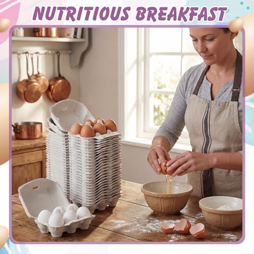 Fullhawl 24 Pcs Half Dozen Egg Cartons White Egg Holder Natural Pulp Paper for Chicken Eggs with Macaron Color Label Ribbon for Easter Gift, Arts and Crafts Reusable - style: Rectangle