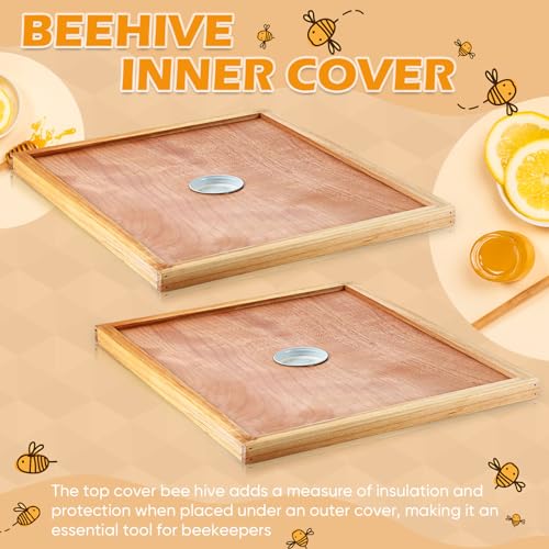 Colingmill 2 Pack Bee Hive Inner Cover and Bee Entrance Feeders for 10 Frame Hive Box Cover with Feeding Hole Insulation Ventilation Inner Cover Perforated for Beekeeping Supplies