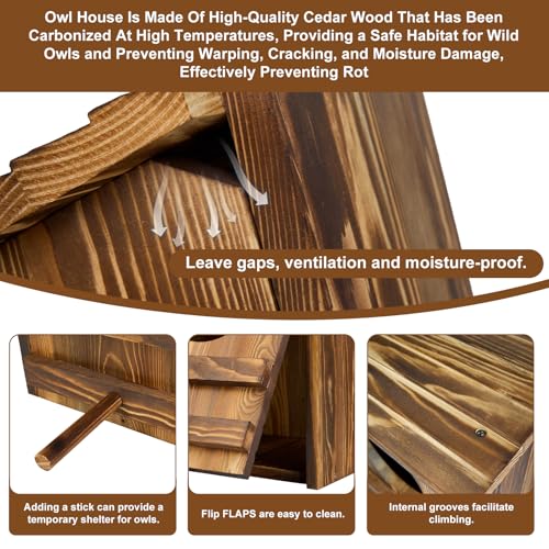 Owl Houses for Outdoors， 16.1x11.8x9.5 inch Large Carbonized Barred Owl Nesting Box, Waterproof & Ventilated Design, Ideal for Owls, Wildlife, Garden Decoration