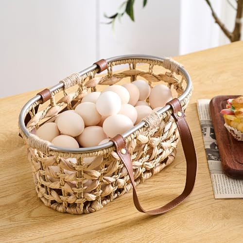 Egg Baskets for Collecting Fresh Eggs Farmhouse Handmade Wicker Hyacinth Egg Collecting Basket with Handle - color: Oval-Water Hyacinth