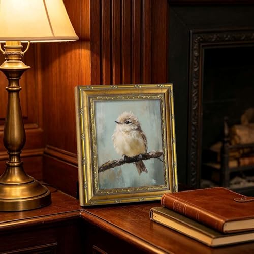 DR.RiftArt Vintage Wall Art Gold Framed Bird Decor Rustic Farmhouse Style | Cute Fluffy Bird on Branch Oil Painting, Canvas Print Artwork , For Living Room Bedroom Office 9x11 inch - color: Cute Bird, size: 11"L x 9"W