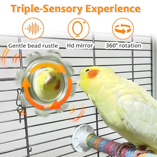 2Pcs Innovative Bird Toy with Mirror, Spinner Toy with Rustling Beads | Safely Embedded No Sharp Edges Parakeet HD Mirror for Cage, Flexibly Mounted Rotating Budgie Enrichment Fits Any Cage - style: 2pcs with mirror