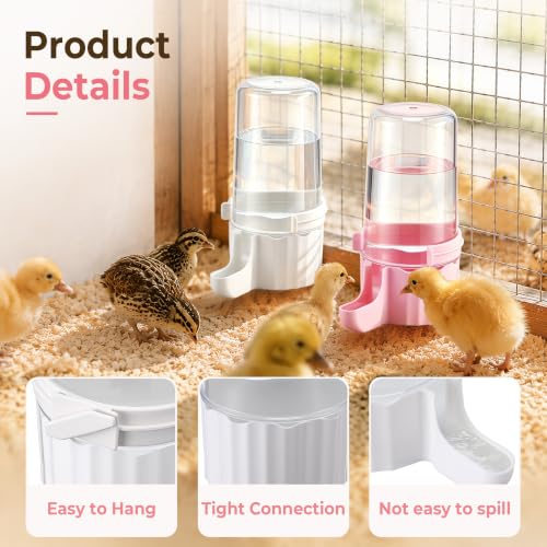 2 Pack Quail Waterer, Leak-Proof & Anti-Drowning Design, 16.7 oz Automatic Gravity Chicks Water Feeder with Hanging Hooks, Easy Clean Transparent Water Dispenser for Quail & Small Birds