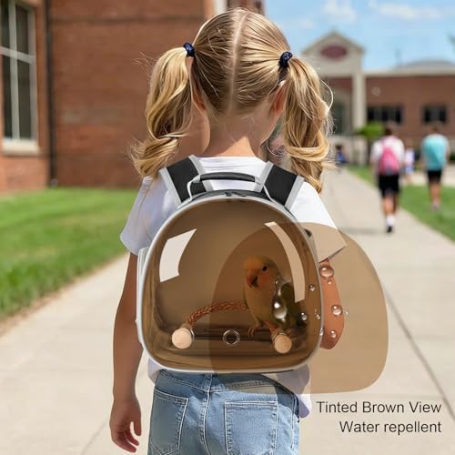 Bird Travel Backpack Carrier with Metal Tray and Standing Perch, Polarized Tint Brown Space Capsule Astronaut Bubble Hard Window - color: Brown