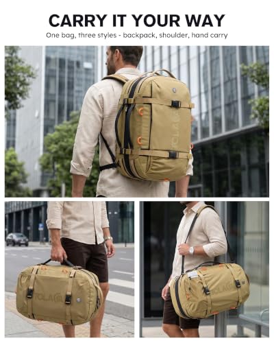Tolaccea Travel Backpack 40-50L, 16" Laptop Carry On Duffle for Travel Work | 40-50L Expandable, TSA Approved 180° Open, 3L Wet-Dry Pocket, RPET Fabric, 3-in-1 Convertible Carrying, Detachable Waist Belt - color: Khaki