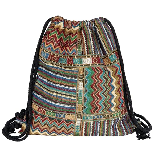 Van Caro Bohemian Drawstring Backpack Light Cinch Bag Gym Sack String Bag - color: D-bohemian