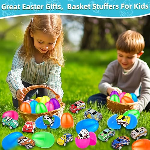 12 Pack Easter Eggs with Pull Back Race Cars Toys, 2.2" Colorful Mini Vehicles in Surprise Eggs for Egg Hunt, Easter Basket Stuffers Gifts Birthday Party Favors for Boys Ages 3+ - style: 12 Pack Easter Eggs with Pull Back Cars