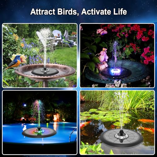 Solar Fountain UFO Style, 2026 Upgrade 5W Glass Solar Panel Bird Bath Fountain with LED Lights, 4000mAh Backup Battery, 7 Nozzles for for Garden, Pond, Pool, Patio Outdoor Water Feature - color: Black