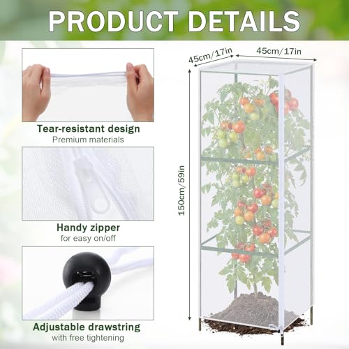 6 Pack Tomato Cage Covers, 18" x 60" Fine Mesh Plant Covers with Zipper & Drawstring, Reusable Garden Netting Protector Against Birds, Insects & Animals for Tomatoes, Peppers, Cucumbers