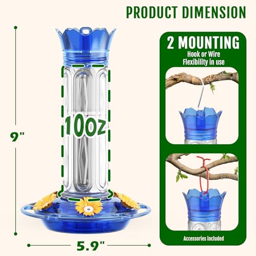 Birdream 10oz Hummingbird Feeders for Outdoors, Plastic Hummingbird Feeder with 5 Bee Guard Feeding Ports & Cleaning Brush, Gift Box Design, Leak Proof, Built-in Ant Moat, Blue - color: Blue, size: 1 Pack