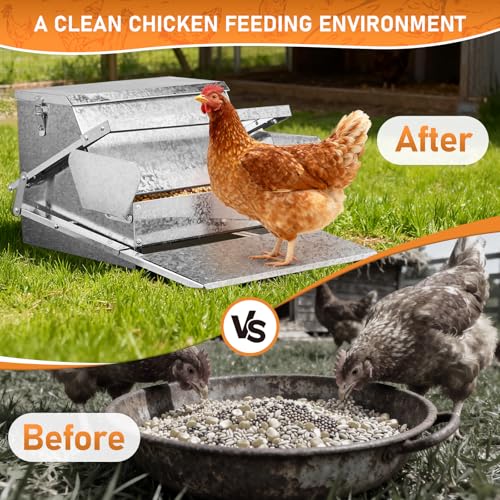 Automatic Treadle Chicken Feeder, 25 Lbs No Waste No Spill Rodent Proof Metal Chicken Feeder with Weatherproof Lid, Chicken Supplies for Your Chickens Duck Bantams Pheasants Poultry Coop