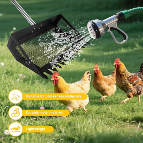 Chicken Poop Scooper Rake, 2-in-1 304 Stainless Steel 15 Inch Scoop | 39-66 Inch Adjustable Handle, Durable 304 Stainless Steel, Sand & Litter Sifting, Chicken Coop & Pet Waste Cleaning - color: Black