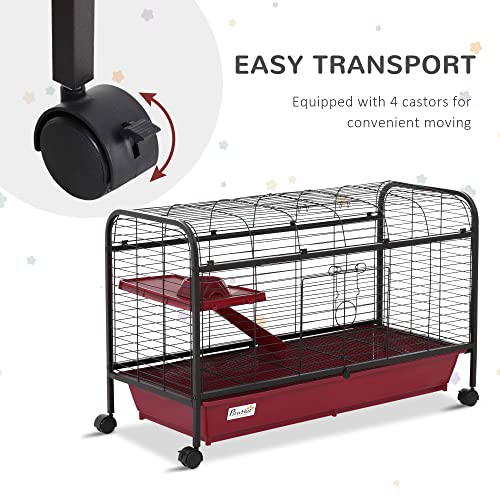 PawHut 41" L Small Animal Cage Rabbit Hutch with Feeder, Rolling Wheels Red | Ferret Pet Play House, Platform, Ramp - size: 41.5"L x 17.3"W x 26.0"H