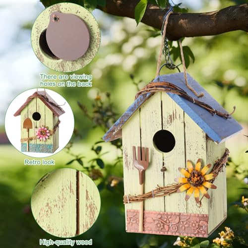 DoubleFill 2 Pcs Birdhouses for Outdoor Hanging Yard Outside Wooden Birdhouse Hand Painted Bird Box for Bird Lovers Bluebird Tree Garden Decor Decorative Birdhouse(Light Color,Wooden Roof) - color: Light Color, size: Wooden Roof
