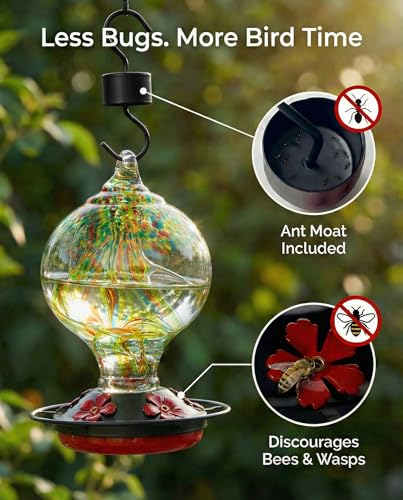 Hummingbird Feeder for Outdoors Hanging, 34 Oz, Handcrafted Gift Inner Glass Décor for Bird Garden Lover, Ant Moat & Bee-Resistant Ports, Hook & Brush Included (Golden Meadow) - color: Golden Meadow