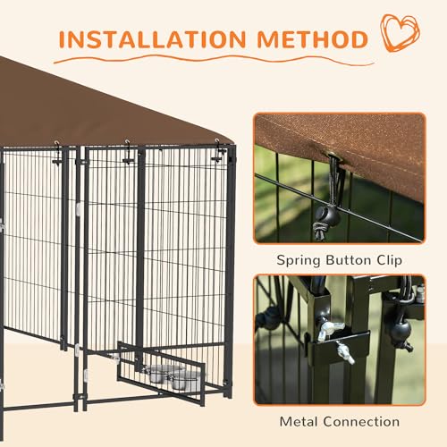 PawHut Outside Dog Kennel, 7' x 7' x 5' Puppy Play Pen with Canopy, Garden Playpen Fence Crate Enclosure Cage Rotating Bowl, for Dogs, Chickens, Ducks, Black | Puppy Play Pen, Garden Fence Crate Enclosure Cage, Rotating Bowl for Dogs Chickens Ducks - size