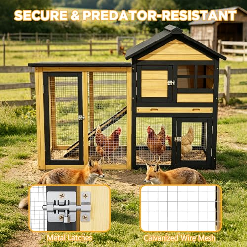 Wooden Chicken Coop with Run, Outdoor Hen House Poultry Hutch with Removable Tray & Ramp, Wire Fence, Weatherproof Roof, for Backyard 2-3 Chickens - color: Yellow