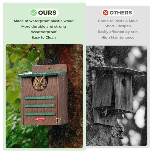 Kingsyard Large Recycled Plastic Wooden Owl House, Waterproof Screech Owl Bird Boxes for Outside, Owl Nesting Box Kit with Screws Ideal for Wildlife, Elf, Pygmy, Garden, Air Ventilation. Green