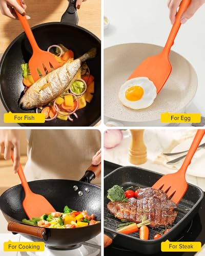 Pack of 2 Silicone Spatula Turners, Non Stick Slotted Kitchen Spatula Set, Heat Resistant BPA Free Kitchen Utensils, One-Piece Design, Suitable for Flipping Fish, Eggs, Steak, Pancakes (ORANGE) - color: Orange