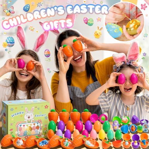 100 Pack Prefilled Easter Eggs with Toys Inside, Plastic Basket Stuffers Fillers Party Favors Supplies Hunt Games Save Time Gifts