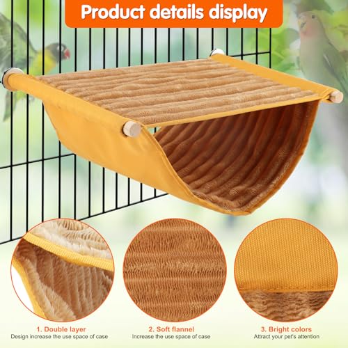 BWOGUE Bird Nest Bed Hanging Hammock, Parakeet Bed for Cage, Cockatiel Bed | Warm Fleece Snuggle Hut, Double-Layer Comfort, Wooden Perch Setup, Washable Hammock - color: Yellow, size: Large (13.56"x9.2")