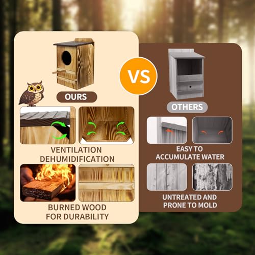 8'' x 13'' Owl House for Outdoor, Screech Owl House, Bird Box Large Handmade Wooden Circular Opening Screech Box for Outside with Mounting Screws and A Bag of Wood Shavings