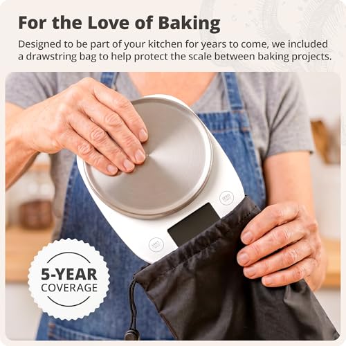 Greater Goods Digital Kitchen Scale for Baking, Sourdough, 11lb Capacity | Weigh Flour, Sugar & Batter in g, oz, ml or fl oz, Tap to Tare, Hold Function & Auto-Off, Stainless Steel Top & Storage Bag - color: White