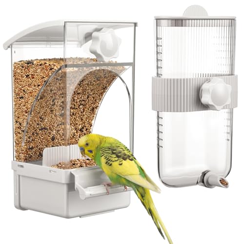 Novabright No Mess Bird Feeder Water Dispenser Set, Automatic Transparent Bird Food Container and 12 oz Automatic Water Feeder for Small Birds Parrot, Cockatoo, Canary, Cage, Lovebird, Budgies(White) - color: White
