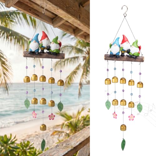 Gnome Wind Chime for Outside, Resin Wind Bells for Garden Decor | 29" Wind Chimes Outdoor with 3 Resin Gnome Statues and 8 Metal Bells, Soothing Tone Wind Bell Chimes, Housewarming Gifts - size: Gnomes