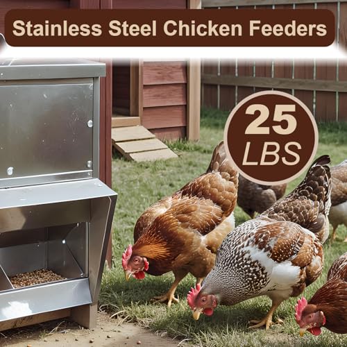 Galvanized Chicken Feeder - 25Lbs Outdoor Waterproof Metal Feeder with Lid, Coop Food Dispenser No Waste for Chicken, Haning or Stand
