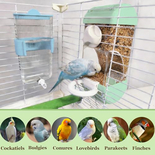 Automatic Bird Feeder Waterer Kit Bird Cage Hanging Waterer Parakeet Leak-Proof Feeder Parrot Vegetable Clips Cage Accessories for Budgies Lovebirds Finches Canaries Parrotlets Conures (Green) - color: Green