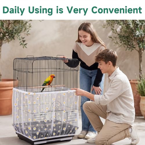 Trinkrittey Bird Cage Seed Catcher, Universal Bird Cage Seed Catcher Guard Adjustable Parrot Nylon Mesh Net Cover for Round Square Cages Parrot Parakeet African Macaw(Daisy-White, 15.7" x87")